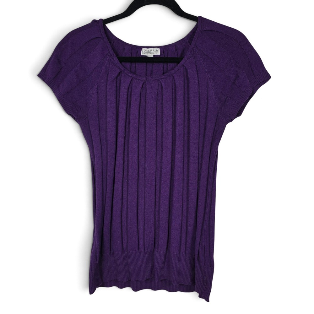 Joseph A. Top Women Large Short Sleeve Pleated Scoop Neck Purple Ribbed Knit EUC